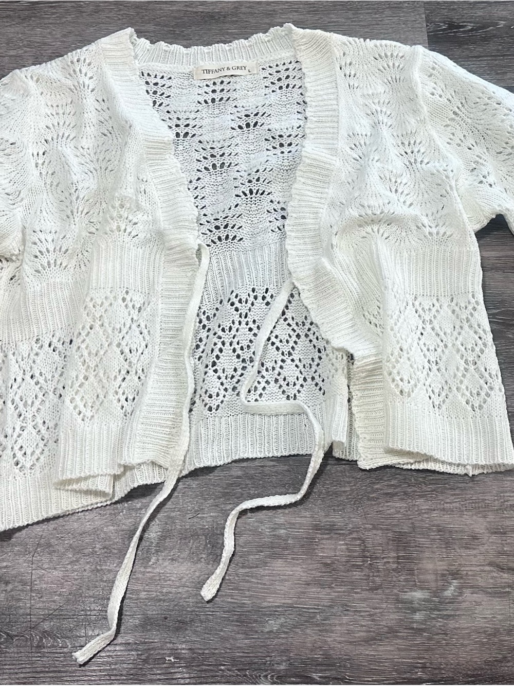Tiffany & Grey Large Ivory Crochet Open Knit Bell Sleeve Cardigan Boho